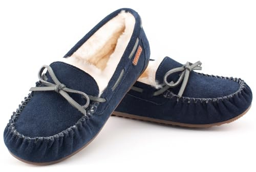 Parfeying Damen Schaffell Mokassins Kuh Wildleder Memory Foam Hausschuhe Indoor Outdoor Shearling Winterschuhe
