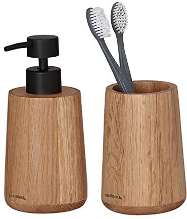 Sealskin Earth Badezimmerset - Seifenspender 150 ml - Zahnputzbecher - Eiche