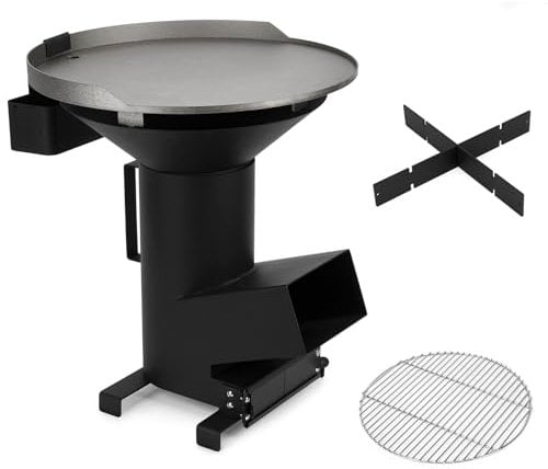 Onlyfire Stufa a Razzo in Acciaio 3-1 Rocket Stove Fornello A Razzo da Campeggio multifunzionale en con Griglia e Piastra per grigliate, Ideale Per Cucinare All'aperto, Campeggio, Picnic, Barbecue