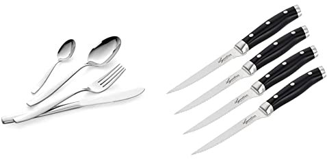 Lagostina Dalia Set Posate per 6 Persone, Acciaio Inox 18/10, 24 Pezzi & Set 4 Coltelli Bistecca forgiati, Nero e Acciaio