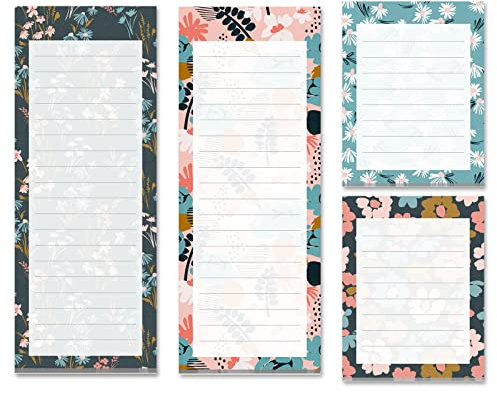 Magnetic Notepads for Refrigerator, 4-Pack Grocery List Magnet Pad for Fridge, to-Do List, Reminders, Scratch Pads, Floral Designs, 60 Sheets Per Pad