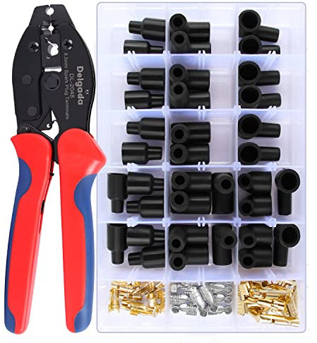Delgada Ratchet Spark Plug Wire Crimper with 36pack Spark Plug Boot Terminals Kit,Stripping and Crimping Pliers Tool for 180 degree/90 degree/straight Spark Plug Ignition Wire Coil Terminals&Boots