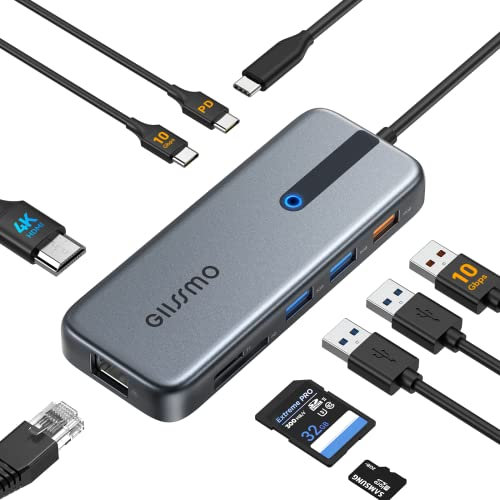 USB C Hub 4K@60Hz, 100W PD, Ethernet RJ45, 10Gbps USB-C/A 3.2Gen 2, MicroSD & SD Kartenleser, 2 USB 3.0, 9-in-1 GIISSMO USB C Hub Kompatibel mit MacBook M1 M2, HP Dell Lenovo Laptops und mehr