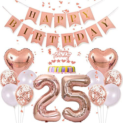 Conruich Deko 25. Geburtstag Frau, Rosegold Tortendeko Geburtstag 25 Jahre Mann, Geburtstagsdeko 25 Jahre, Rosegold Ballon 25 Geburtstags Mädchen, Happy Birthday Banner Deko 25 Geburtstags Frauen