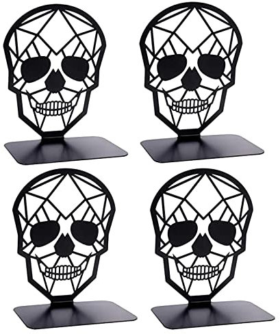 Coolnice 4 Stück Buchstütze, Book Holder CD Kinder Metall, Schwarz rutschfeste Stabile Bookends Buchstopper, Buchhalterung Buch Halter Buchbeschwerer 2 Paar Bücherstütze mit Schädel Design