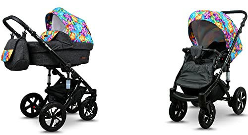 BabyLux® Sky Lark 2-in-1 Baby Kinderwagen Tief und Kinderwagen mit Zubehör Verstellbar und faltbar Aluminiumkonstruktion Wasserdicht Nicht abnehmbare Räder Paint Flowers Black Frame