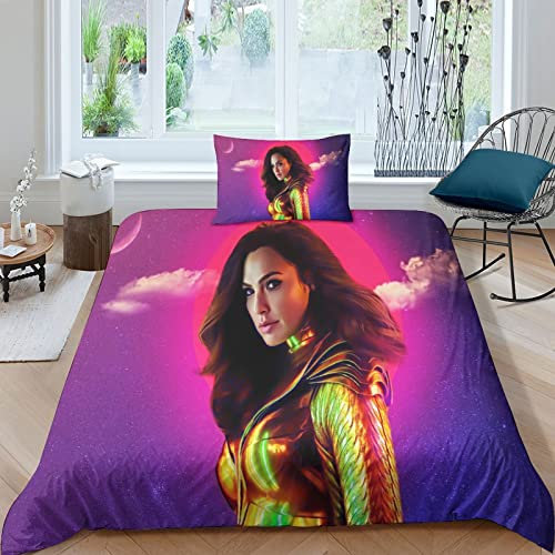 ELGISI Wunderfrau 1984 Bettbezug Set Single(135x200cm) Wonder Woman 2 Bettwäsche Weiche Microfaser Bettdeckenbezug Und Kissenbezug 50 X 75cm Für Kinder Jungen Mädchen Erwachsener