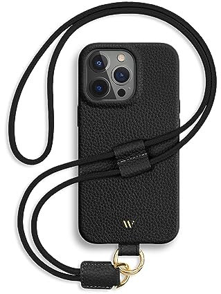 WIIUKA Hülle für iPhone 14 Pro, Leder aus Deutschland, Lederhülle Handykette, Premium Handyhülle, Case, Kette Band Umhängen, Schwarz