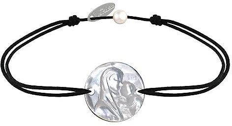 LES POULETTES BIJOUX - Bracelet Lien Médaille de Nacre Ronde Vierge à l'Enfant - Noir