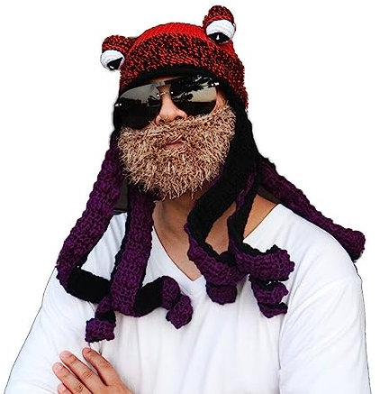 AURORRAN Gestrickte Wintermütze, lustige Oktopus-Mütze mit Bartmaske, weiche und warme Kostümmütze aus Wolle für Damen und Herren (NO.4)