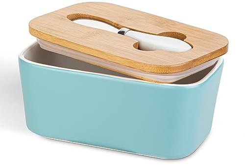 Eidoct Blue Porcelain & Stainless Steel Butter Dish with Wooden Lid, Knife & Silicone Seal, 650ml, Rectangular, BPA Free