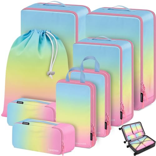 Koffer Organizer Set 8-teilig, Packtaschen für Koffer, Packing Cubes Set für Reise,Packtaschen mit Kosmetiktasche (Omber: Bubble Gum, 8-teilig)