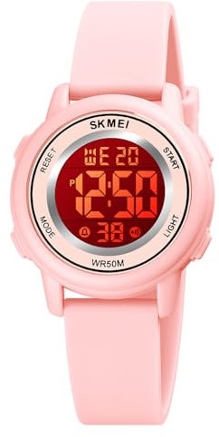 findtime Montre de sport numérique pour femme - Étanche jusqu'à 50 m - Montre numérique pour sports de plein air avec grand cadran à rétroéclairage LED, rose poudré, Sangle