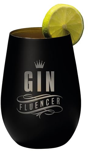 4youDesign Gin Tonic Glas mit Spruch GINfluencer – Geschenk für Männer, Frauen zum Muttertag oder Vatertag – Tumbler-Party-Glas aus Kristallglas – sehr bruchsicher – Schwarz-Gold – 465ml