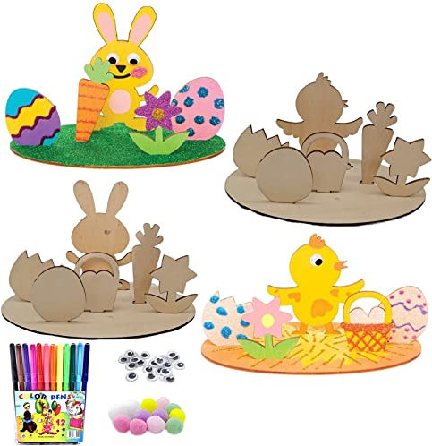 KOIROI Ostern Basteln Holz, 4 St¨¹cke DIY Osterhase Deko, Hasen aus Holz zum Bemalen, Ostern Basteln Kinder, Ostereier zum Bemalen, Osterhase Holzhuhn Holzeier f¨¹r Ostern Geschenke Kinder