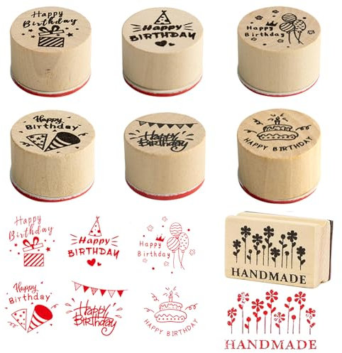 ARTGHJL Holzstempel Set, 7 Stück Happy Birthday Stempel Holz Rund Holzstempelset Handmade Stempel Klein Motivstempel, Vintage-Stempel für Scrapbooking, Karten, Kartenherstellung, Kunsthandwerk