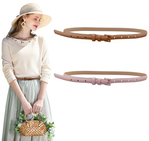 LuckyOpt Cintura da donna stretta, 2 pezzi, sottile cintura con fibbia per donna, cintura sottile da donna, per abito, maglione, jeans, cappotti, Rosa+marrone, M
