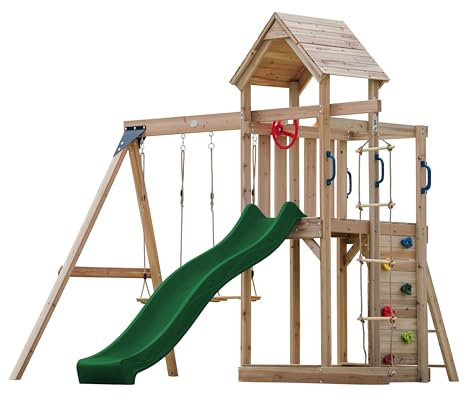 AXI Moos Spielturm aus Holz mit 2 Schaukeln & Strickleiter | XXL Spielhaus / Spielplatz für Kinder mit Kletterwand, Sandkasten & Rutsche , grün | Schaukelgerüst für den Garten..