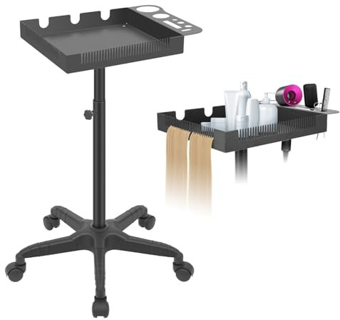 Leibou Chariot professionnel réglable avec plateau en aluminium pour outils de beauté avec 5 roulettes et boîte à accessoires, grand plateau, chariot de service pour outils de beauté noir (Noir-BC002)