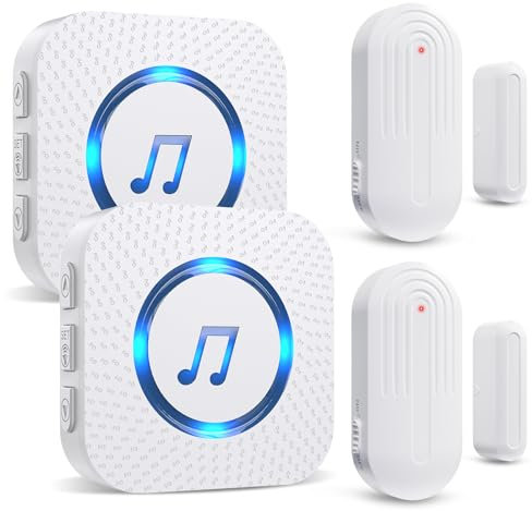 SANJIE Wireless Door Alarm Sensor Chime, 800FT Operating Range 55 Ringtones 5 Volume Level with LED Indicator,Window Alarm for Home Store Office Security When Opens,2 UK Plug in Receivers 2 Sensors