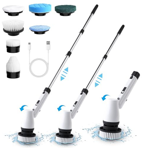 Spazzola Rotante Pulizia Elettrica-Spazzola Elettrica Per La Pulizia Con 7 Teste Di Foratura Intercambiabili - Scrubber Elettrico Con 2 Velocità Regolabili per bagno, vasca, WC, cucina(Bianco)