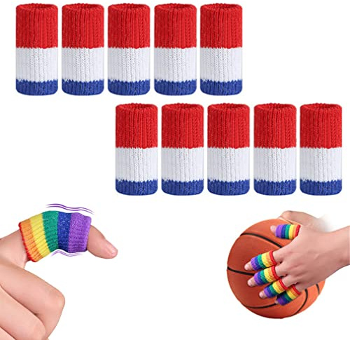 Finger Sleeves Protectors, 10 Pcs Finger Compression Sleeves Support Thumb Brace Finger Splint Sleeve, Elastic Sports Finger Sleeves for Trigger Finger, Knuckle, Arthritis, Basketball (Red white blue)