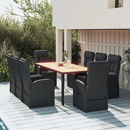 LIANGDONFC hochlehner gartenstuhl、strandstuhl faltbar leicht9-tlg. Garten-Essgruppe mit Kissen Schwarz Poly RattanGeeignet für Balkon, Außenbereich