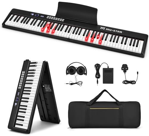 MUSTAR 88 Key Piano Keyboard with Lighted Up Keys, Foldable Electric Piano Keyboard Semi-Weighted, Portable Digital Piano for Beginners, Bluetooth, USB MIDI, Headphones, Case, Sustain Pedal (Black)