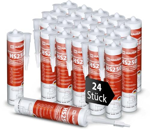 Hausa HS250 Profi Hochtemperatur Silikon schwarz 24 x 300ml Kartuschen Dichtmasse +305°C Dichtstoff zum Kleben Abdichten von Öfen Kochfeldern Motoren dauerelastisch Öl-, Benzin- & Hitzebeständig