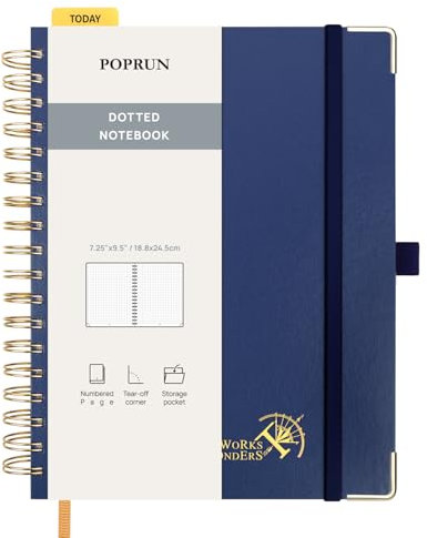 POPRUN Notizbuch B5 Gepunktetes, Bullet Dotted Journal, Spiral-Notizbücher 120 GSM Papier, 220 nummerierte Seiten, Hardcover mit Kleberegisterkarten und 8 Abreißblättern - NYB(Marineblau)