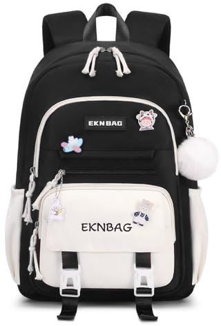 Tanou Cartable Fille Primaire, 20 Litres Sac a Dos College Fille Cartable Kawaii avec Pendentif, Léger Sac Ecole Fille Primaire en Nylon pour Enfants de 7 à 14 ans, Noir