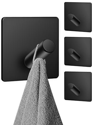 TINIFO Haken Selbstklebend 4 StüCk - Klebehaken Extra Stark Aus Edelstahl- Handtuchhaken Ohne Bohren - Wandhaken Rostfrei & Wasserfest FüR Bad, KüChe, Flur (Schwarz)