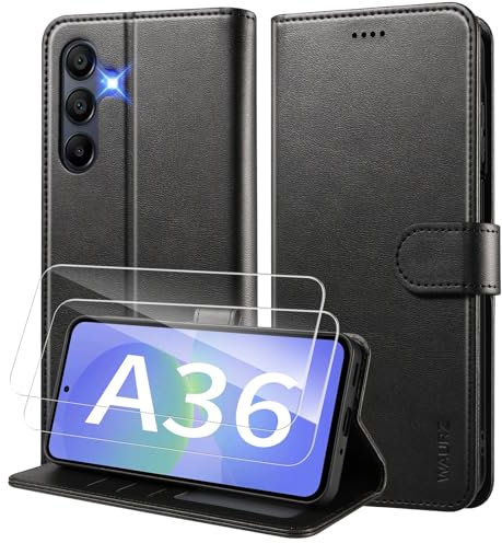 WAURZ Coque pour Samsung Galaxy A36 5G Etui Coque avec 2 Verre Trempé Porte Carte Clapet à Rabat Portefeuille Cuir Case Housse Protection Flip Cover Étui Coque pour Samsung Galaxy A36 5G,Noir