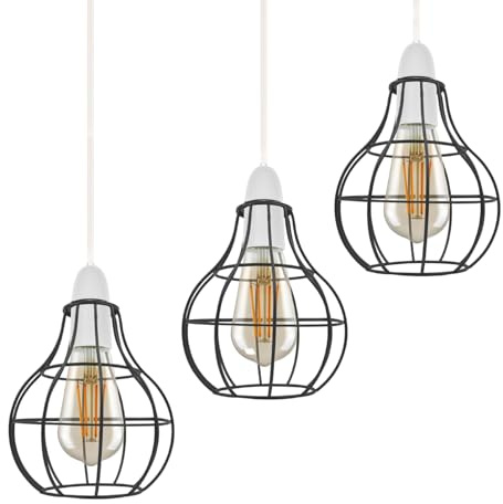3 Pack of Black Metal 16cm Diameter Round Shape Cage Indoor Hanging Vintage Pendant E27 Light Shade Easy Fit for Living Room Bedroom Restaurants Kitchen (3 Pack - Black)