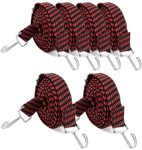 MUXHEL Lot de 6 tendeurs en caoutchouc de 3 m avec crochets, 3 cm de large, réglables, avec crochets métalliques, extra plats, pour jardin, vélo, voiture, bâche, camping