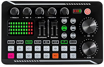 Live Soundkarte Sound Effects Board, F998 Bluetooth Stereo Audio Mixer mit DJ-Mixer-Effekten und Sprach Wechsler Kondensator Mikrofon für Youtube Live Streaming PC Aufnahmestudio und Gaming