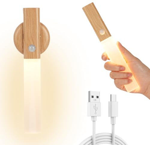 HOTUT Holz Wandleuchte Aufladbar mit Bewegungsmelder, LED Wandlampe Warmweiß ohne Stromanschluss mit Magnetische Basis, Kabellos Innen Wandleuchte für Treppen, Schlafzimmer, Flur