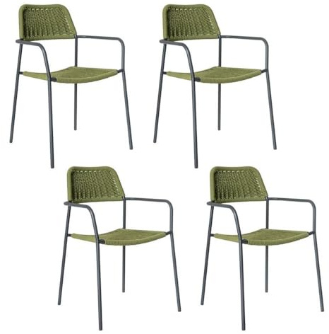 LOLAhome Pack de 4 Silla Deluxe Milos para jardín, Acero Negro y Cuerda Trenzada Verde, 55x55x83 cm, Ergonómica y Apilable, Tratamiento Anticorrosión y Duraderas, Calidad y Diseño