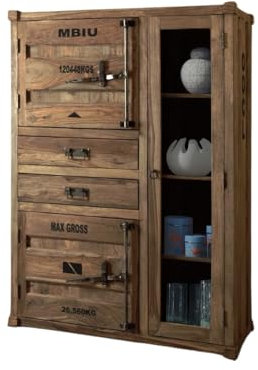 WOLF MÖBEL WOOD YOU LIKE Container Highboard mit Glastüre, 2 Schubladen, 2 Türen, Massivholz Shisham Natur, 110x45x150 cm