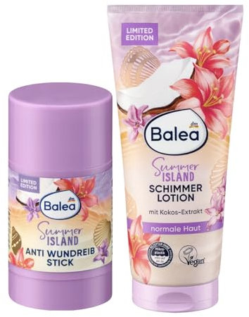 Balea 2er-Set : Anti-Wundreib Stick Summer Island, 25 g + Körperlotion Schimmer Summer Island, 200 ml + Bonus: Weiche Silikon-Gesichtsreinigungsbürsten