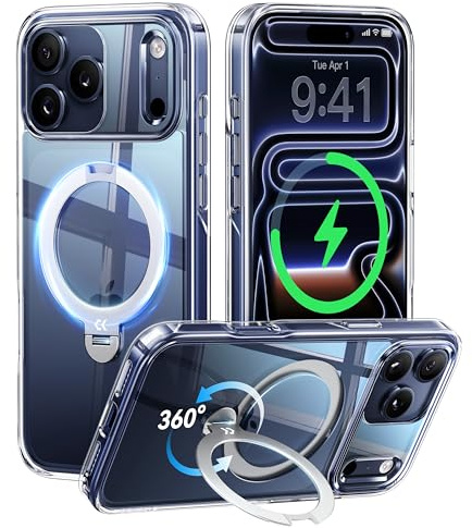 CASEKOO Crystal Clear for iPhone 17 Pro Max Case with 360 Integrated Magnetic Stand [Compatible with MagSafe] [16FT Military Protection] Clear Shockproof Phone Case for iPhone 17 Pro Max Cover