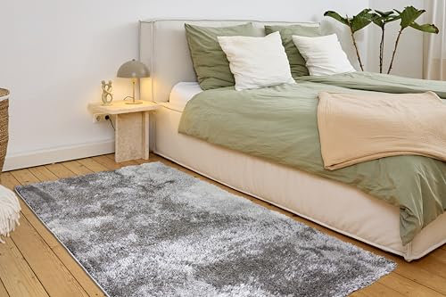 Astra Hochwertiger Teppich Wohnzimmer, Schlafzimmer - Kuscheliger Hochflorteppich weich - Weicher Bodenbelag für Innen - Teppich Marmor Silber, 80 x 150 cm