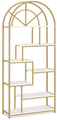 Barberpub Bücherregal Gold, Standregal mit 7 Ebenen, Büroregal mit Metallrahmen, Regal für Büro, Wohnzimmer, Schlafzimmer, Küche, Nagelstudio, Marmor-Weiß, 30x80x180cm, 5183