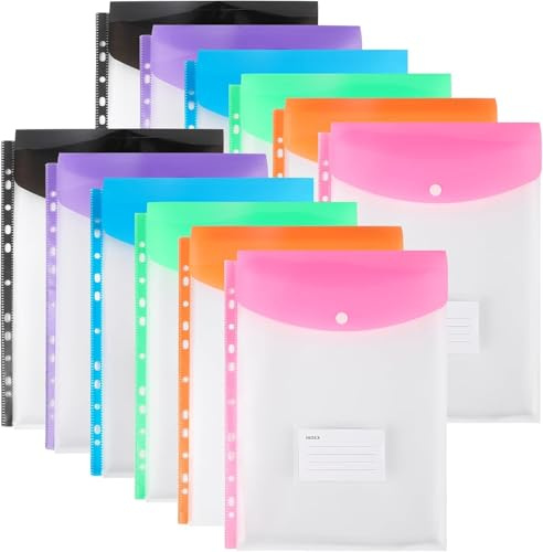 Dokumententasche A4, 12 Stück Transparent Dokumentenmappe A4 zum Abheften, Erweiterbare Wasserdicht Dokumenten Mappen Abheftbar mit Druckknopf, 6 Farben