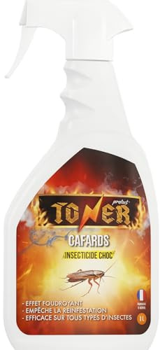 TONER - Spray Insecticide Choc 1L – Anti Cafards, Blattes, Fourmis, Moustiques, Mouches, Puces, Punaises de Lit – Laque Insecticide à Effet Foudroyant – Usage Domestique et Professionnel