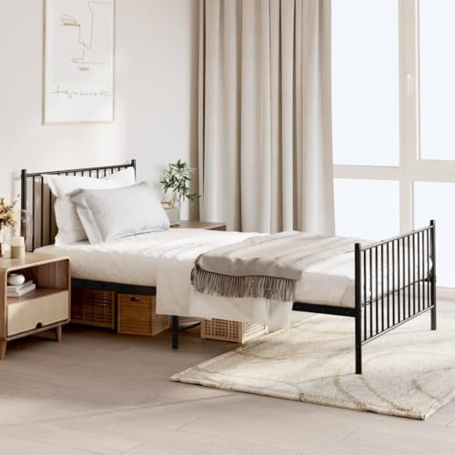 Qnhdfrt Bettgestell aus Metall Schwarz 107x203 cm mit Lattenrost Robustes Stahlbett mit Kopfteil und Stauraum für Schlafzimmer Gästebett oder Jugendzimmer