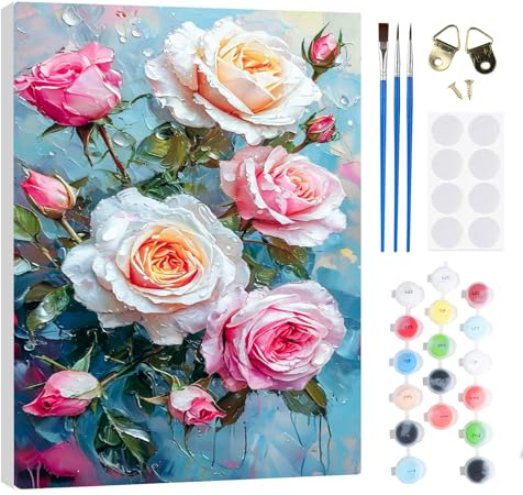 RICUVED Rose Malen Nach Zahlen Erwachsene,Blume Paint by Numbers Malen Nach Zahlen Kinder mit 20x30cm Rahmen, DIY mit Pinseln und Acrylfarben Handgemalt Ölgemälde Leinwand für Home Deco