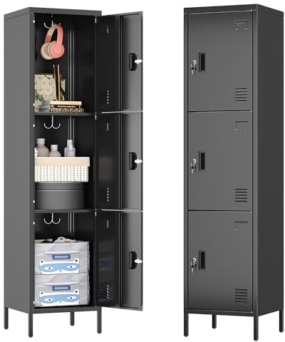 LOCENHU Metallschrank mit Lüftungsöffnungen, 3-türiger Metallschrank mit Visitenkartenhalter, Geeignet für Schule, Büro und Zuhause, Zur Selbstmontage, 168 cm x 40 cm x 40 cm, Schwarz