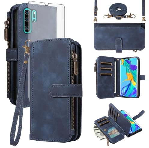 Asuwish Handyhülle für Huawei P30 Pro Hülle mit Band Folie Schutzfolie Kartenfach Klappbar Leder Geldbörse Ständer HuweiP30Pro Hawaii P 30 P30Pro VOG-L29 Handy Hüllen Schutzhülle Phone Case Blau