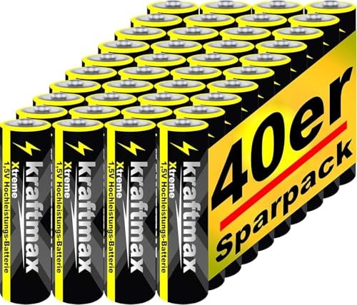 Kraftmax 40er Pack AA Batterien – Mignon Alkaline Batterien 1,5 V – Hochleistungs-Longlife Energie – Ideal für Fernbedienungen, Spielzeug, Haushaltsgeräte, Elektrogeräte